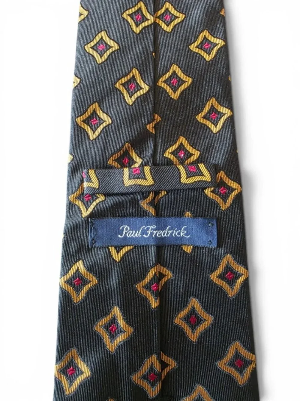 Paul Fredrick 100% Silk Tie USA Made Black Gold Red Geometric Necktie